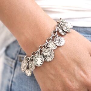 Silpada Retired Sterling Silver Oxidized Roman Coin Charm Bracelet B1624